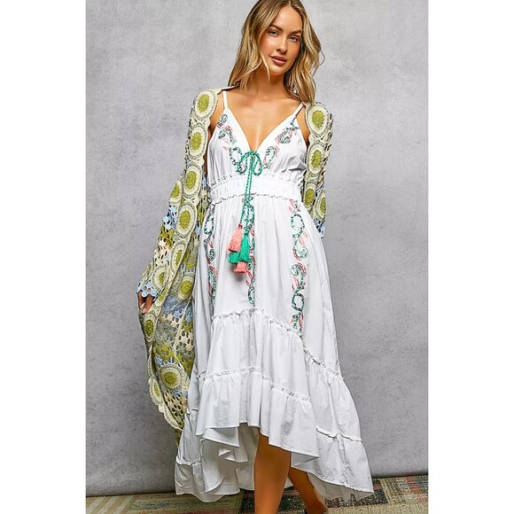 POL Scalloped Edge Open Front Crochet Cardigan with Colorful Stripe Pattern - Picture 2 of 5